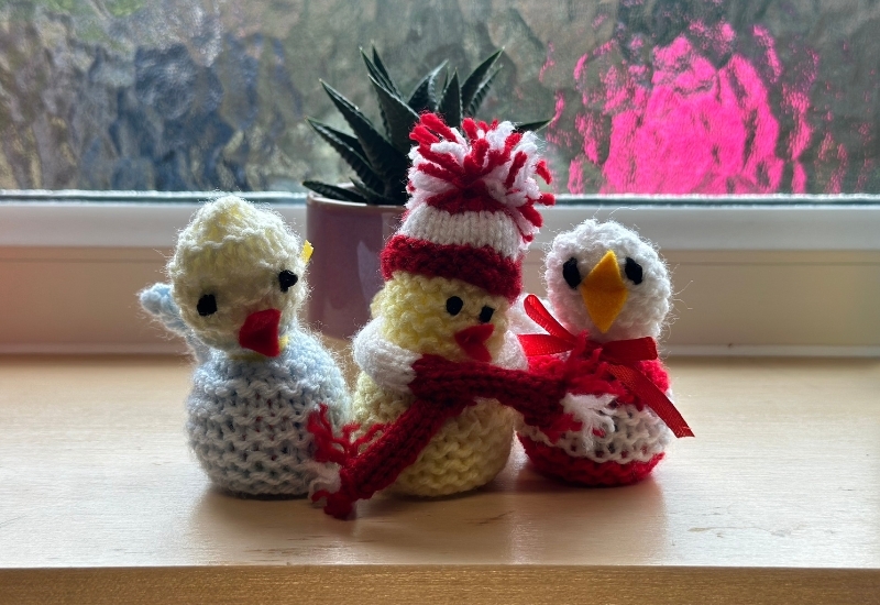 three-knitted-chicks-on-a-windowsill-in-front-of-a-plant